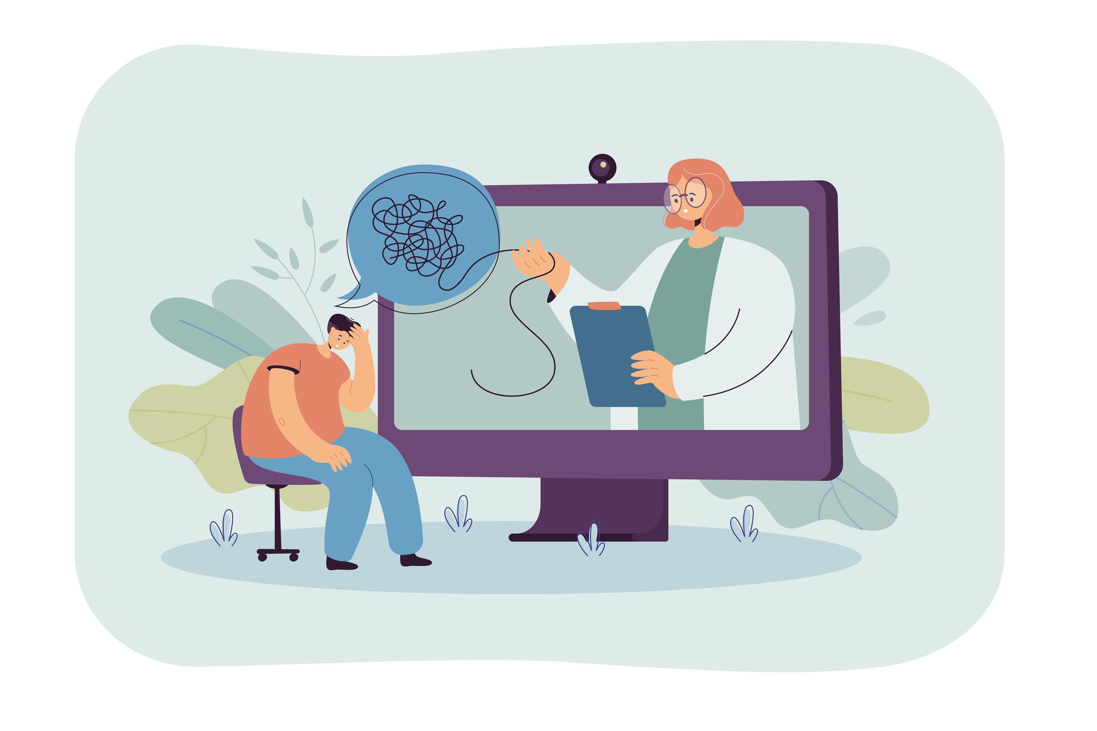 Illustration d'une séance de neurofeedback : un patient interagit à distance avec un thérapeute, visualisant en temps réel l'activité de son cerveau pour améliorer ses fonctions mentales.