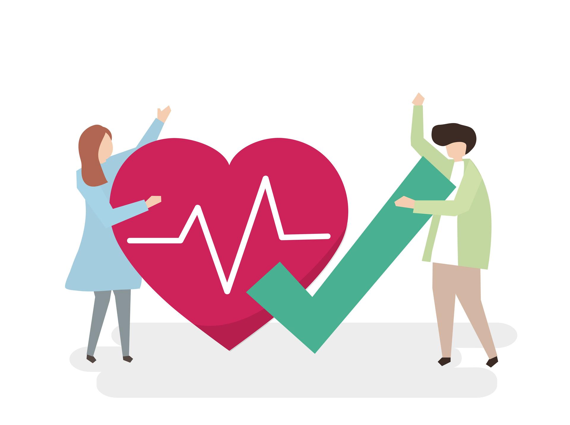 Illustration d’un cœur avec un tracé de rythme cardiaque et un grand check vert, symbolisant l’équilibre et le bien-être liés à la cohérence cardiaque.